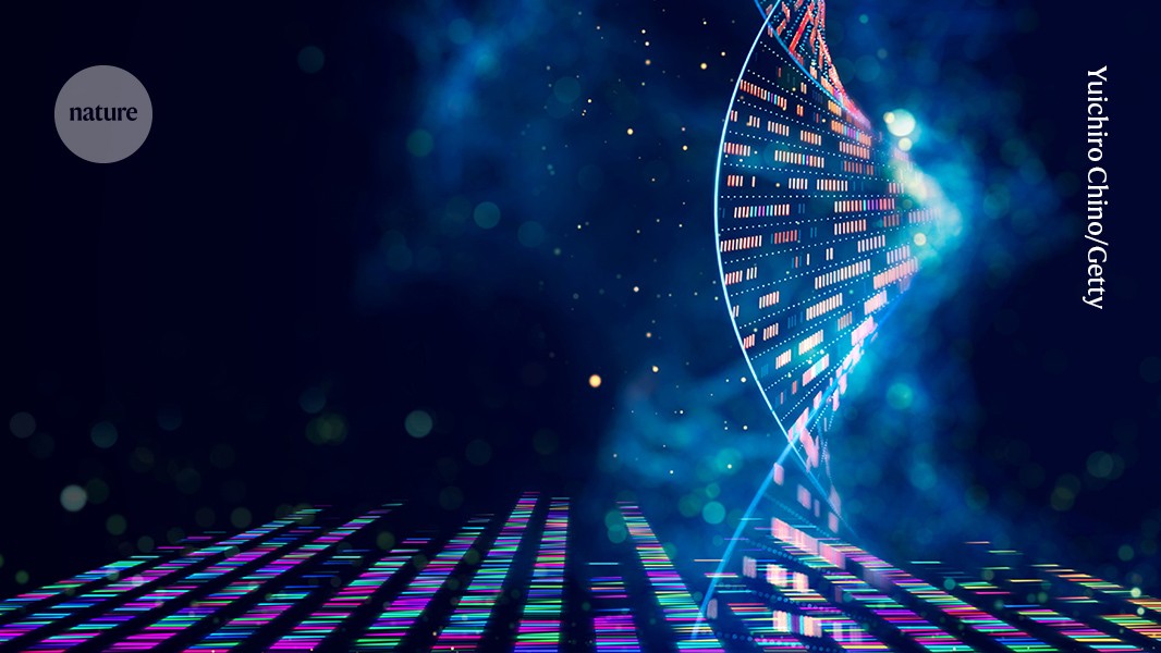 A digital illustration of a DNA double helix rising from a flat surface with coloured lines of code.